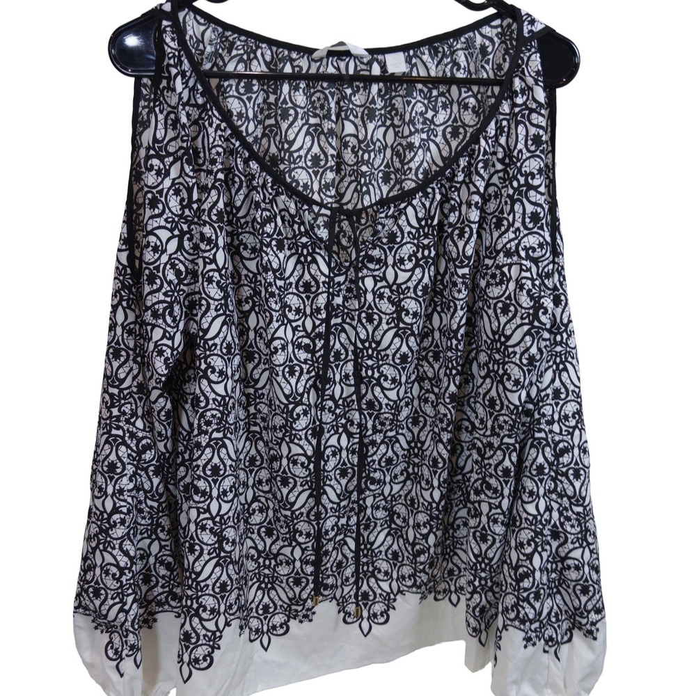 New York & Company Cold Shoulder Blouse XL Womens Tie Neck Damask Black White